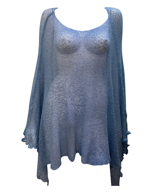 Womens Knit Plus Size Poncho Boho Crochet Shawl Pullover Cover up Free Size 8-26 Mid Blue