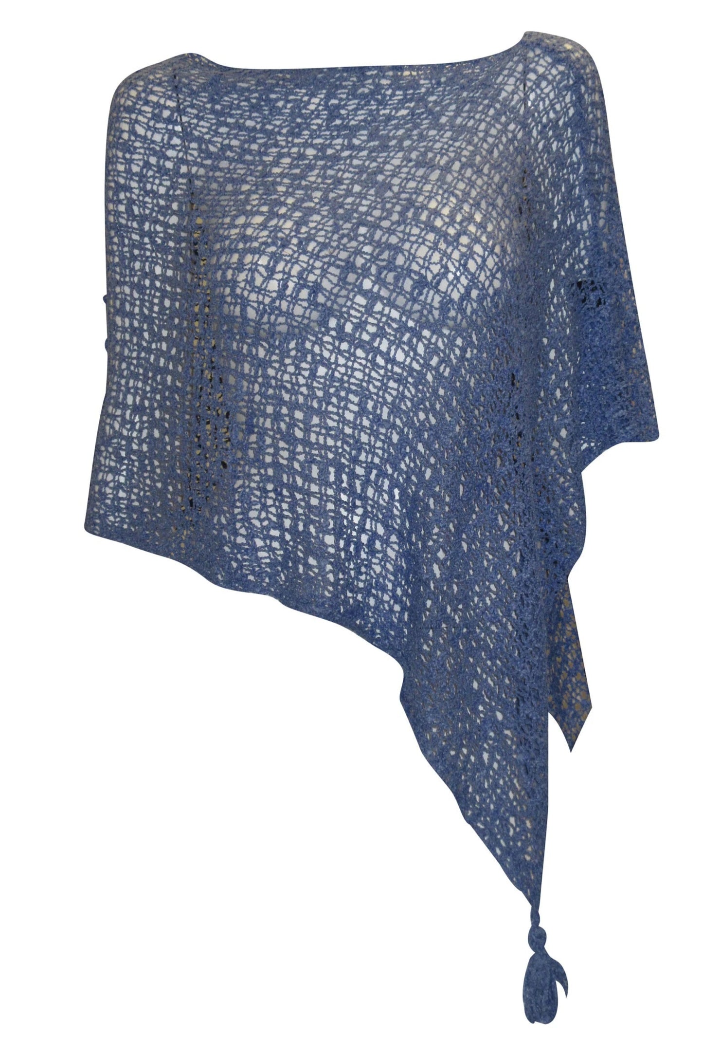 Womens Crochet Poncho Asymmetrical Boho Tassel Shawl Pullover Cover up Free Size 8-20 Mid Blue