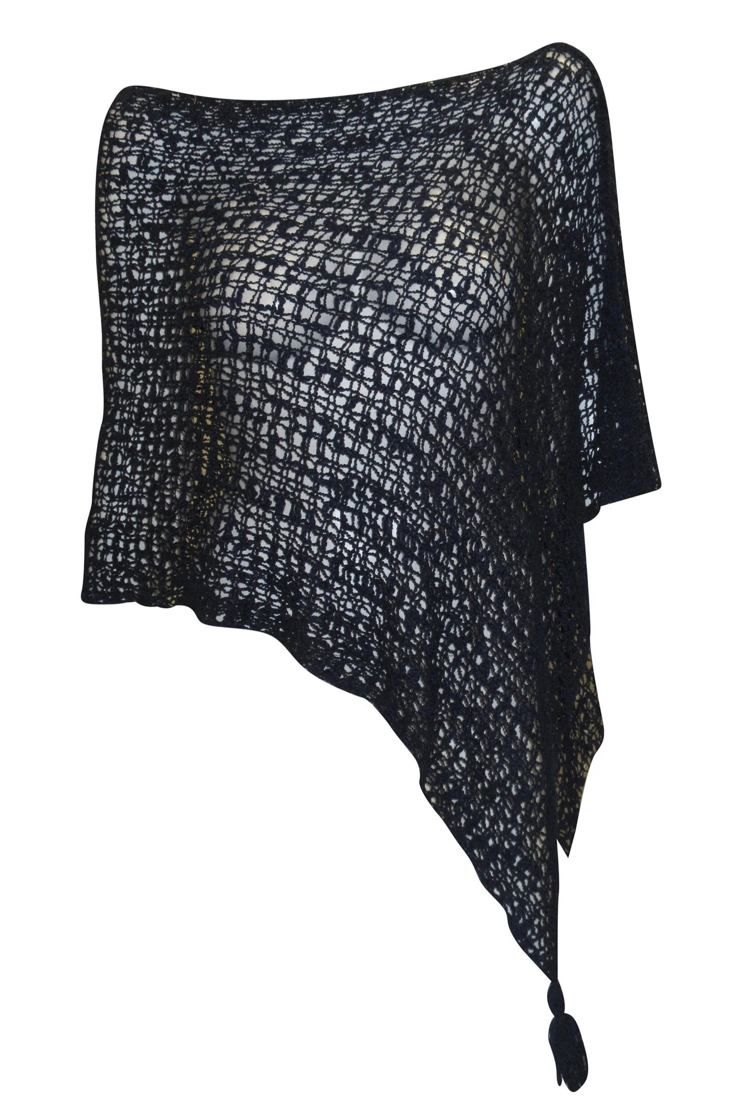 Womens Crochet Poncho Asymmetrical Boho Tassel Shawl Pullover Cover up Free Size 8-20 Navy