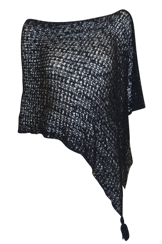 Womens Crochet Poncho Asymmetrical Boho Tassel Shawl Pullover Cover up Free Size 8-20 Navy