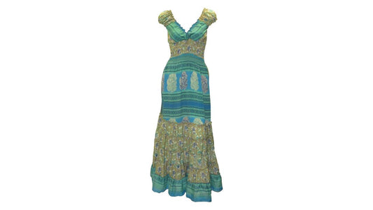 RETRO RECYCLED V NECK RUFFLE HEM MAXI DRESS FREE SIZE UP TO 18 P66