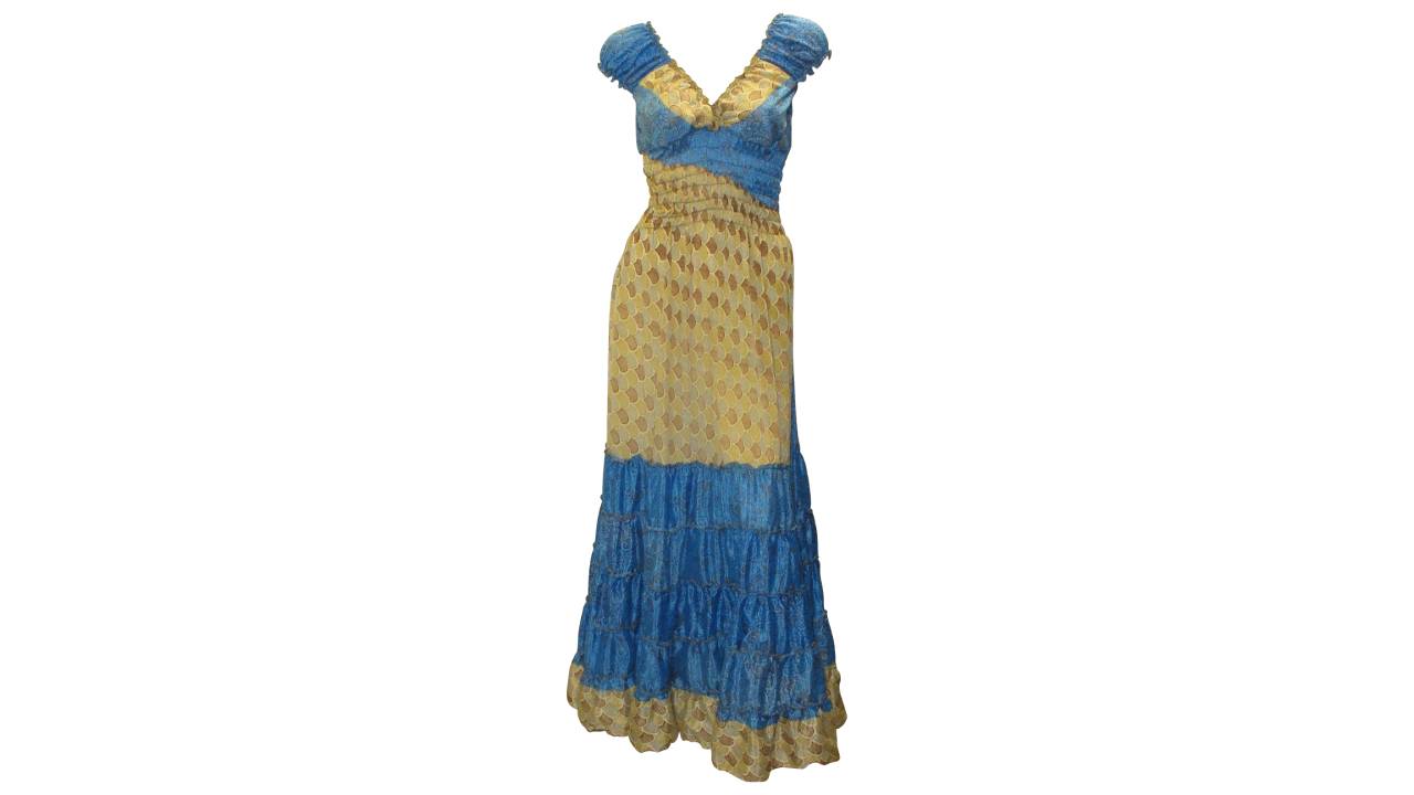 RETRO RECYCLED V NECK RUFFLE HEM MAXI DRESS FREE SIZE UP TO 18 P61