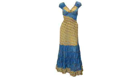 RETRO RECYCLED V NECK RUFFLE HEM MAXI DRESS FREE SIZE UP TO 18 P61