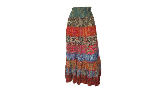 BOHO RECYCLED SARI TIERED SILK ABSTRACT MAXI SKIRT FREE SIZE 8 TO 22 P8