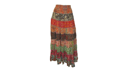 BOHO RECYCLED SARI TIERED SILK ABSTRACT MAXI SKIRT FREE SIZE 8 TO 22 P9