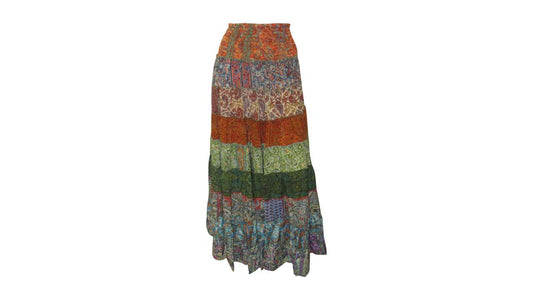 BOHO RECYCLED SARI TIERED SILK ABSTRACT MAXI SKIRT FREE SIZE 8 TO 22 P11