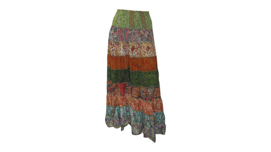 BOHO RECYCLED SARI TIERED SILK ABSTRACT MAXI SKIRT FREE SIZE 8 TO 22 P12
