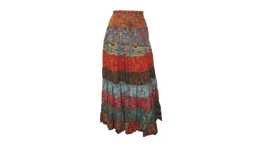 BOHO RECYCLED SARI TIERED SILK ABSTRACT MAXI SKIRT FREE SIZE 8 TO 22 P13