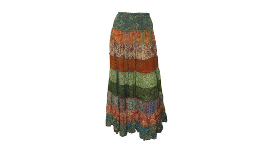 BOHO RECYCLED SARI TIERED SILK ABSTRACT MAXI SKIRT FREE SIZE 8 TO 22 P14