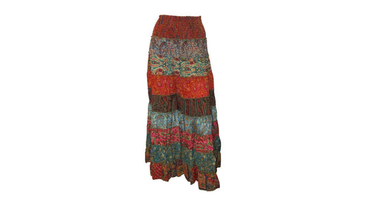 BOHO RECYCLED SARI TIERED SILK ABSTRACT MAXI SKIRT FREE SIZE 8 TO 22 P15