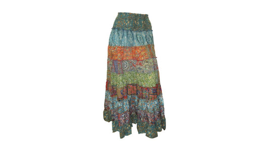 BOHO RECYCLED SARI TIERED SILK ABSTRACT MAXI SKIRT FREE SIZE 8 TO 22 P16