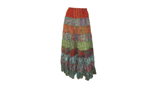 BOHO RECYCLED SARI TIERED SILK ABSTRACT MAXI SKIRT FREE SIZE 8 TO 22 P17