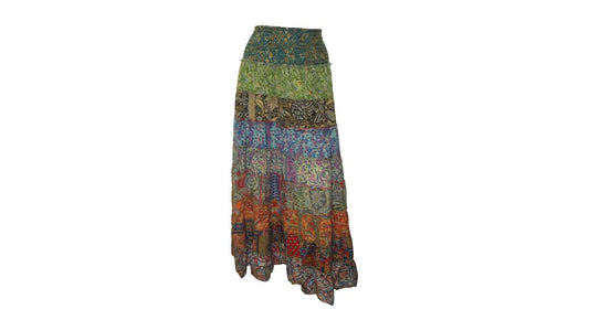 BOHO RECYCLED SARI TIERED SILK ABSTRACT MAXI SKIRT FREE SIZE 8 TO 22 P18