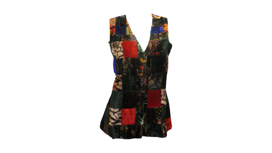 Womens Ladies Recycled vintage style velvet Waistcoat Patchwork Abstract Pattern Vest up to size 12 P1