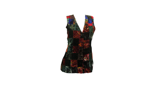 Womens Ladies Recycled vintage style velvet Waistcoat Patchwork Abstract Pattern Vest up to size 12 P4