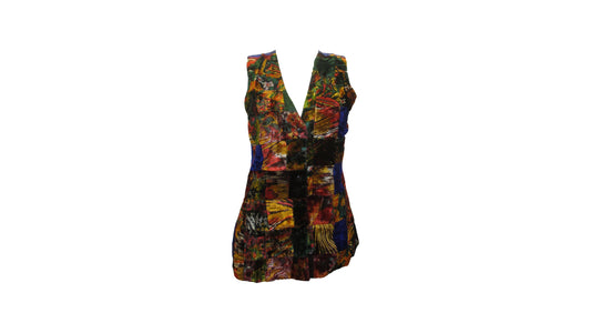 Womens Ladies Recycled vintage style velvet Waistcoat Patchwork Abstract Pattern Vest up to size 12 P5