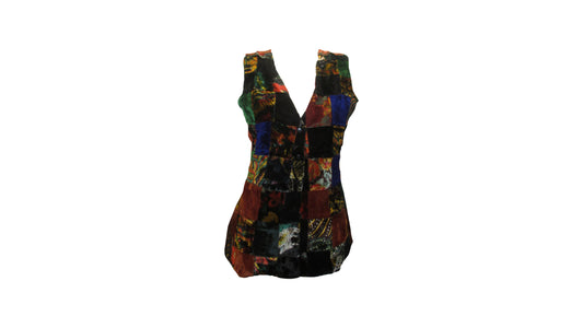 Womens Ladies Recycled vintage style velvet Waistcoat Patchwork Abstract Pattern Vest up to size 12 P6
