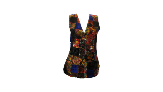 Womens Ladies Recycled vintage style velvet Waistcoat Patchwork Abstract Pattern Vest up to size 12 P7