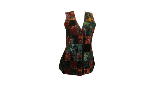 Womens Ladies Recycled vintage style velvet Waistcoat Patchwork Abstract Pattern Vest up to size 12 P8