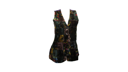 Womens Ladies Recycled vintage style velvet Waistcoat Patchwork Abstract Pattern Vest up to size 12 P9