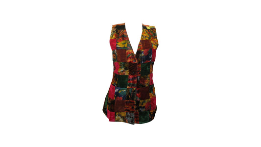 Womens Ladies Recycled vintage style velvet Waistcoat Patchwork Abstract Pattern Vest up to size 12 P13