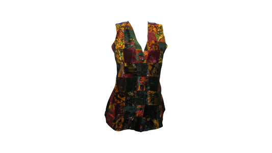 Womens Ladies Recycled vintage style velvet Waistcoat Patchwork Abstract Pattern Vest up to size 12 P14