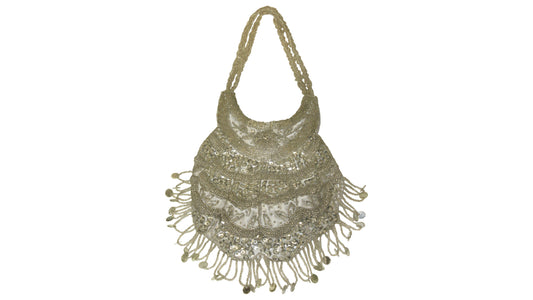 HAND BEADED EMBELLISHED SATIN SEQUIN TASSEL EVENING PURSE VINTAGE 40'S INSPIRED P3