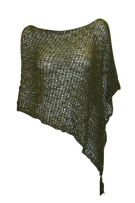 Womens Crochet Poncho Asymmetrical Boho Tassel Shawl Pullover Cover up Free Size 8-20 Olive