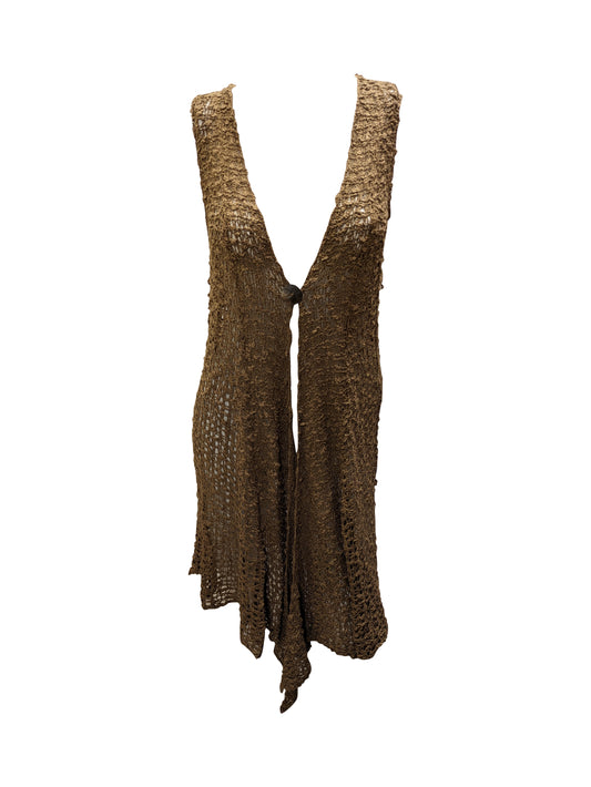Womens Handmade Boho Crochet Sleeveless Knit Cardigan Longline Jacket Free Size One Size UK 8-20 latte