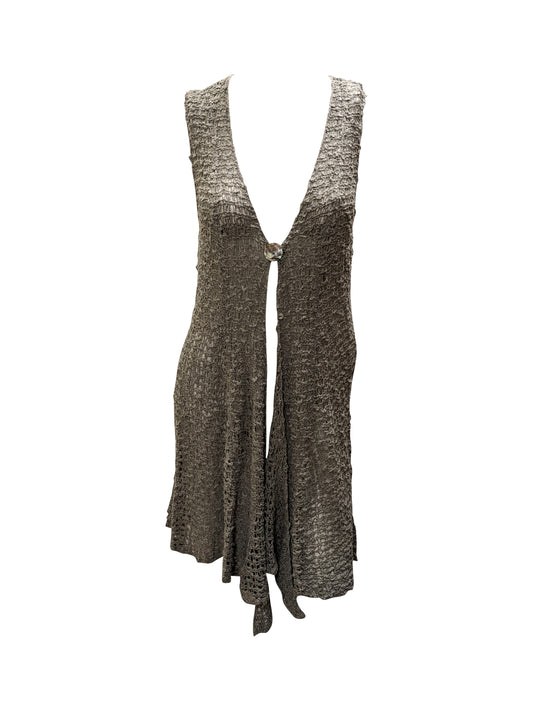 Womens Handmade Boho Crochet Sleeveless Knit Cardigan Longline Jacket Free Size One Size UK 8-20  Light grey