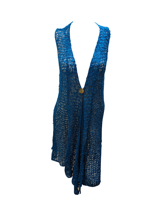 Womens Handmade Boho Crochet Sleeveless Knit Cardigan Longline Jacket Free Size One Size UK 8-20 Petrol blue