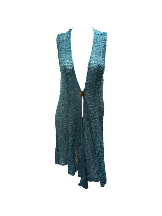 Womens Handmade Boho Crochet Sleeveless Knit Cardigan Longline Jacket Free Size One Size UK 8-20 Turquoise