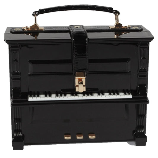 STATEMENT NOVELTY PIANO STYLE TOP HANDLE CLASP DETACHABLE STRAP CROSSBODY BAG BLACK