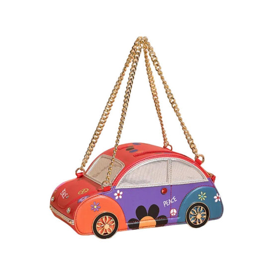 RETRO STATEMENT CAR-SHAPED HIPPIE RHINESTONE FUNKY COLOURFUL GOLD CHAINED RED HANDBAG