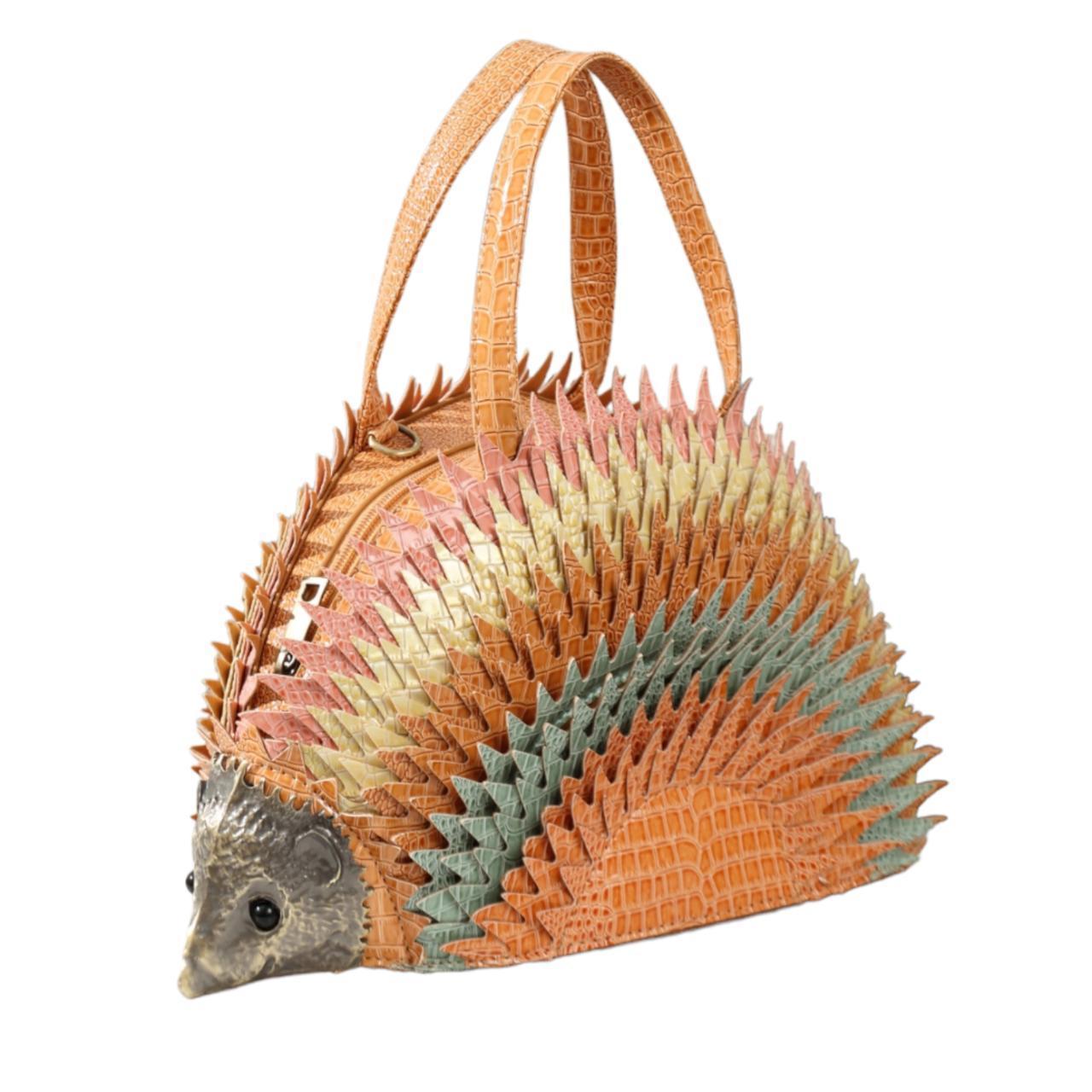 FUNKY RETRO STATEMENT VEGAN LEATHER CROC EFFECT HEDGEHOG 3D SPIKED HANDBAG TAN