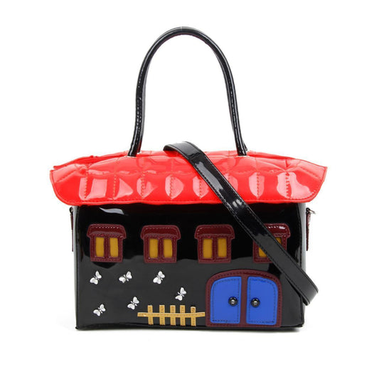 STATEMENT FAUX LEATHER BAG RETRO HOUSE HANDBAG RED ROOF SHOULDER BAG BLACK