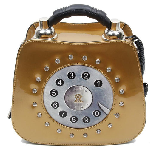 STATEMENT CUTE FAUX LEATHER CRYSTALS RETRO 3D DETAIL TELEPHONE TEXTURED HANDBAG GOLD