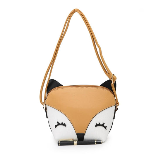 FUNKY FAUX LEATHER FOX SHOULDER BAG RETRO 3D SMALL ANIMAL CROSSBODY BAG TAN