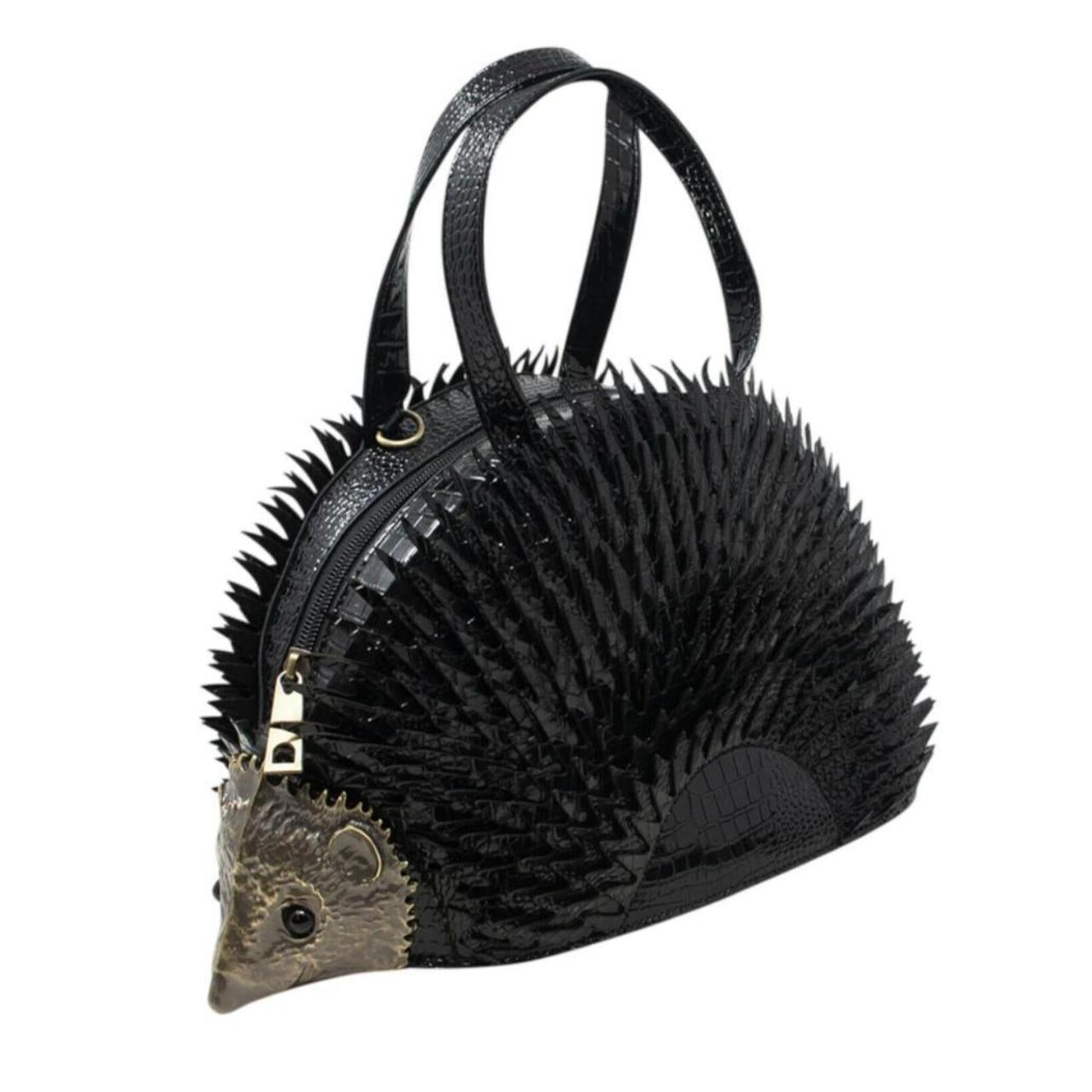 FUNKY RETRO STATEMENT VEGAN LEATHER CROC EFFECT HEDGEHOG 3D SPIKED HANDBAG BLACK