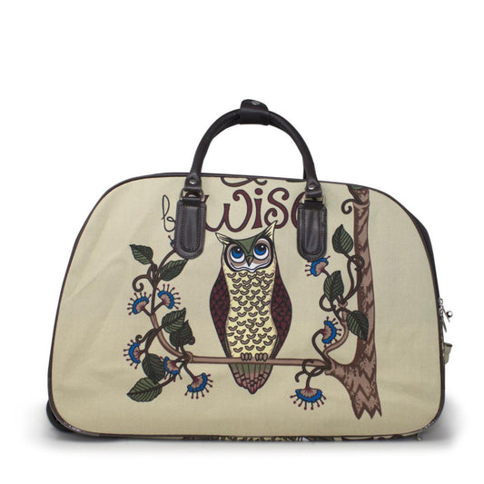 FUNKY RETRO-WISE OWL PRINT MULTI ZIP HOLDALL TRAVEL DUFFEL BAG WITH WHEELS