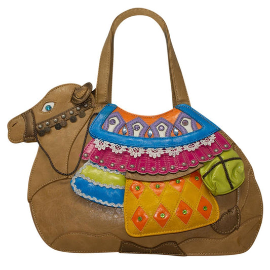 STATEMENT VEGAN LEATHER FUNKY RETRO RHINESTONE COLOURFUL CAMEL ANIMAL HANDBAG TAN