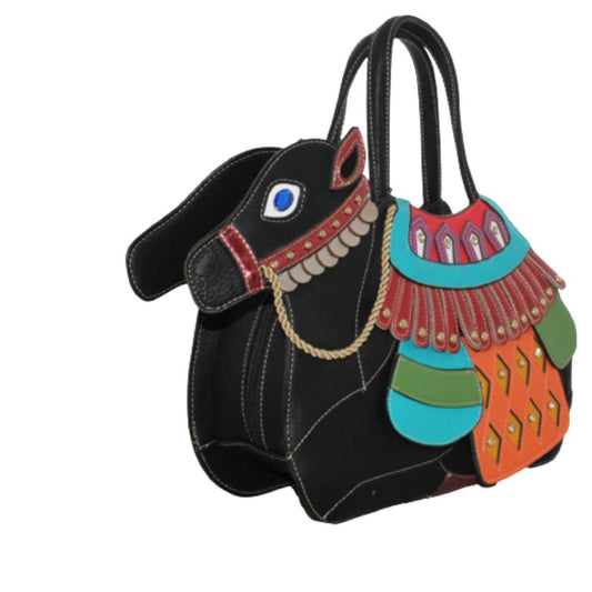 STATEMENT VEGAN LEATHER FUNKY RETRO RHINESTONE COLOURFUL CAMEL ANIMAL HANDBAG BLACK