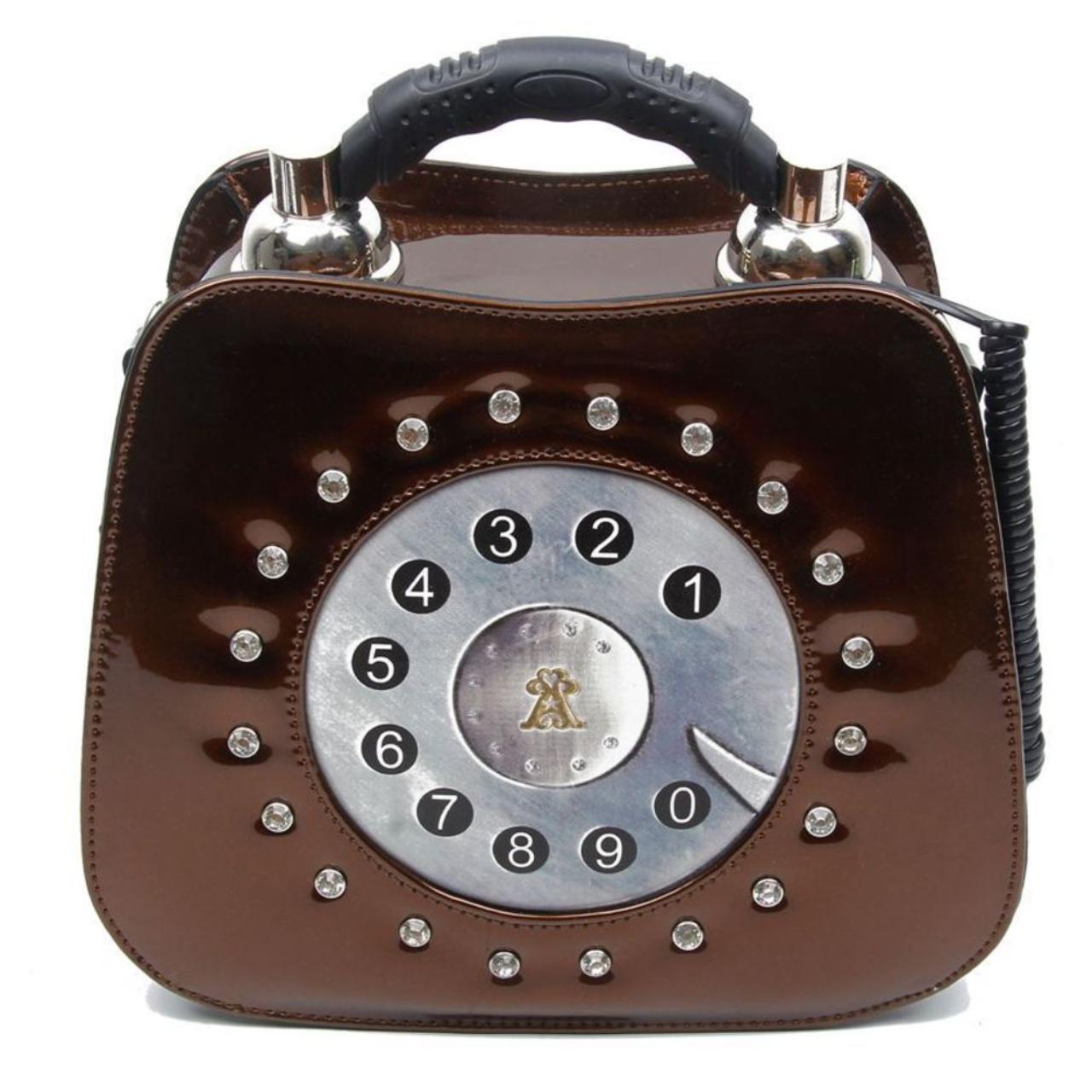 STATEMENT CUTE FAUX LEATHER CRYSTALS RETRO 3D DETAIL TELEPHONE TEXTURED HANDBAG BRONZE