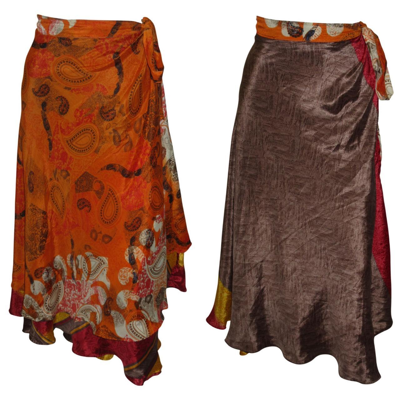 RECYCLED RETRO WRAP AROUND SKIRT LAYERED REVERSIBLE MIDI FREESIZE UP TO 20 P178