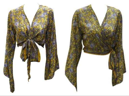 RETRO BELL SLEEVES FRONT KNOT CROP TOP WRAP BLOUSE FREE SIZE UP TO 16 P105