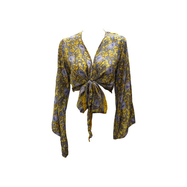 RETRO BELL SLEEVES FRONT KNOT CROP TOP WRAP BLOUSE FREE SIZE UP TO 16 P105