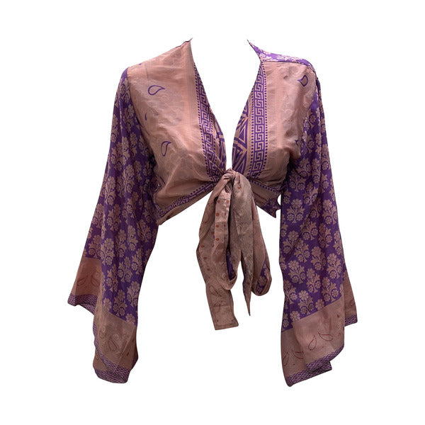 RETRO BELL SLEEVES FRONT KNOT CROP TOP WRAP BLOUSE FREE SIZE UP TO 16 P110