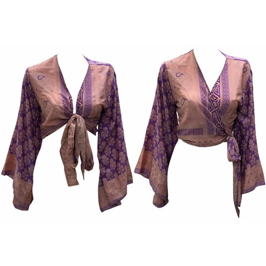 RETRO BELL SLEEVES FRONT KNOT CROP TOP WRAP BLOUSE FREE SIZE UP TO 16 P110