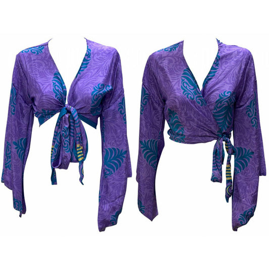 RETRO BELL SLEEVES FRONT KNOT CROP TOP WRAP BLOUSE FREE SIZE UP TO 16 P111