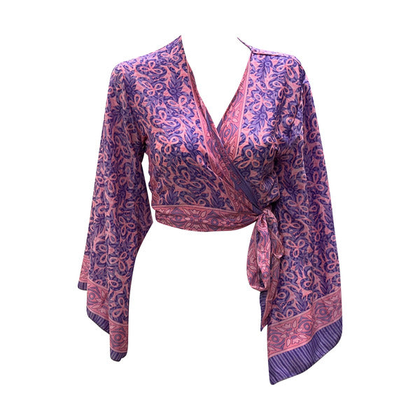 RETRO BELL SLEEVES FRONT KNOT CROP TOP WRAP BLOUSE FREE SIZE UP TO 16 P112
